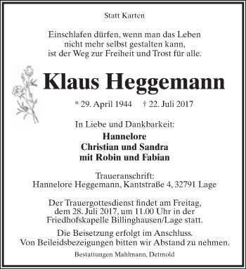 Anzeige  Klaus Heggemann  Lippische Landes-Zeitung