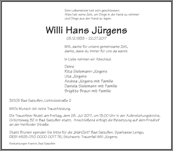 Anzeige  Willi Hans Jürgens  Lippische Landes-Zeitung