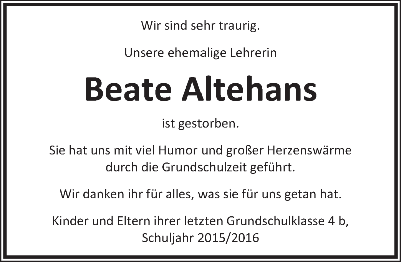  Traueranzeige für Beate Altehans vom 08.07.2017 aus Lippische Landes-Zeitung