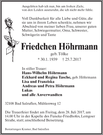 Anzeige  Friedchen Höhrmann  Lippische Landes-Zeitung