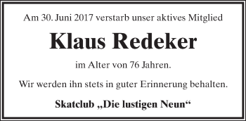 Anzeige  Klaus Redeker  Lippische Landes-Zeitung