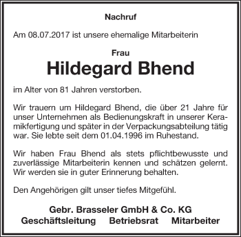 Anzeige  Hildegard Bhend  Lippische Landes-Zeitung