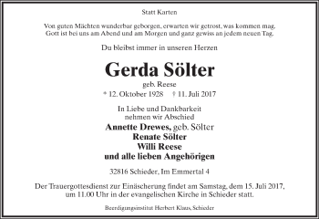 Anzeige  Gerda Sölter  Lippische Landes-Zeitung