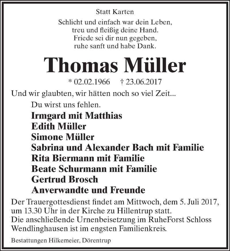  Traueranzeige für Thomas Müller vom 01.07.2017 aus Lippische Landes-Zeitung