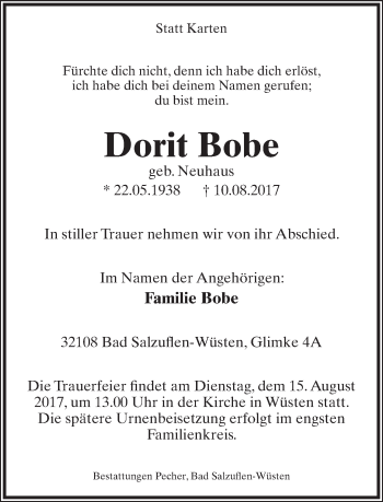 Anzeige  Dorit Bobe  Lippische Landes-Zeitung