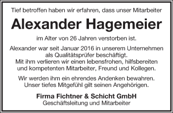 Anzeige  Alexander Hagemeier  Lippische Landes-Zeitung