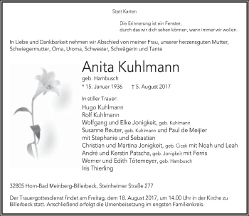 Anzeige  Anita Kuhlmann  Lippische Landes-Zeitung