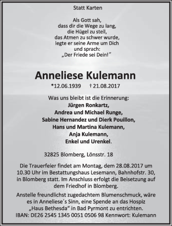 Anzeige  Anneliese Kulemann  Lippische Landes-Zeitung