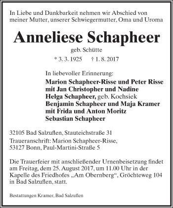 Anzeige  Anneliese Schapheer  Lippische Landes-Zeitung