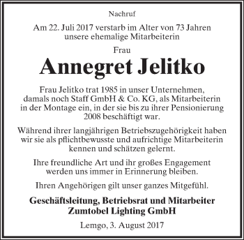 Anzeige  Anngret Jelitko  Lippische Landes-Zeitung