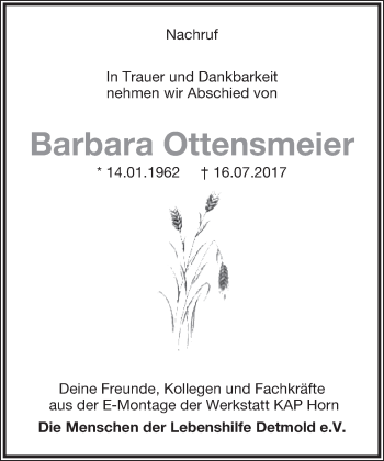 Anzeige  Barbara Ottensmeier  Lippische Landes-Zeitung