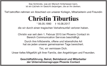 Anzeige  Christin Tiburtius  Lippische Landes-Zeitung