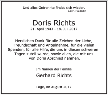 Anzeige  Doris Richts  Lippische Landes-Zeitung