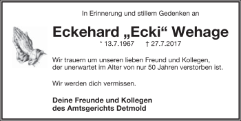 Anzeige  Eckehard Wehage  Lippische Landes-Zeitung