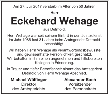 Anzeige  Eckehard Wehage  Lippische Landes-Zeitung