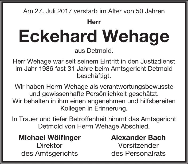  Traueranzeige für Eckehard Wehage vom 05.08.2017 aus Lippische Landes-Zeitung