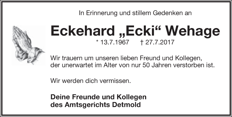  Traueranzeige für Eckehard Wehage vom 05.08.2017 aus Lippische Landes-Zeitung