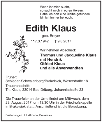 Anzeige  Edith Klaus  Lippische Landes-Zeitung