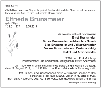 Anzeige  Elfriede Brunsmeier  Lippische Landes-Zeitung