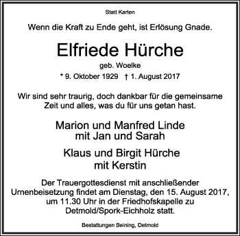 Anzeige  Elfriede Hürche  Lippische Landes-Zeitung