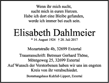 Anzeige  Elisabeth Dahlmeier  Lippische Landes-Zeitung