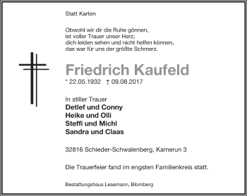 Anzeige  Friedrich Kaufeld  Lippische Landes-Zeitung