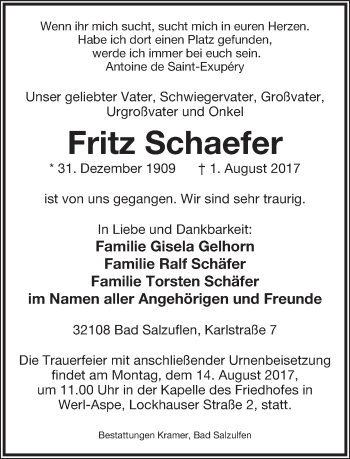Anzeige  Fritz Schaefer  Lippische Landes-Zeitung