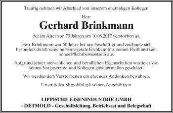 Anzeige  Gerhard Brinkmann  Lippische Landes-Zeitung