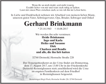 Anzeige  Gerhard Brinkmann  Lippische Landes-Zeitung