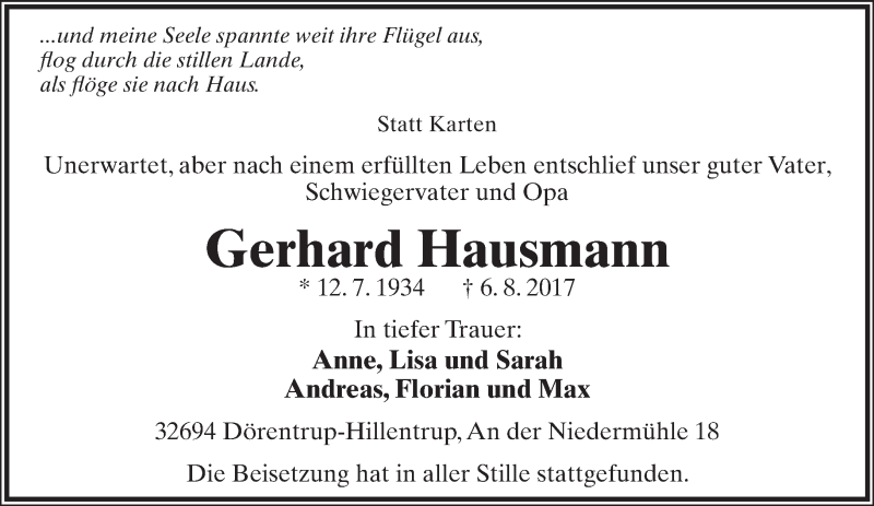  Traueranzeige für Gerhard Hausmann vom 12.08.2017 aus Lippische Landes-Zeitung