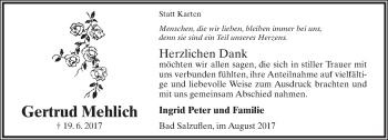 Anzeige  Gertrud Mehlich  Lippische Landes-Zeitung