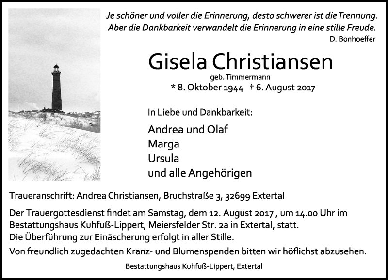  Traueranzeige für Gisela Christiansen vom 09.08.2017 aus Lippische Landes-Zeitung
