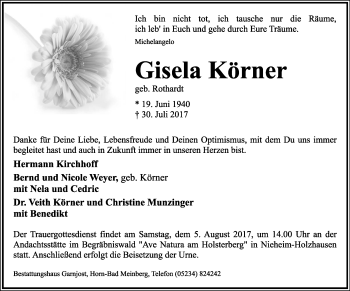 Anzeige  Gisela Körner  Lippische Landes-Zeitung