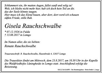 Anzeige  Gisela Rauchschwalbe  Lippische Landes-Zeitung