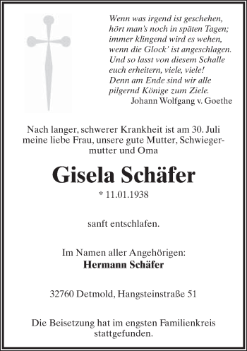 Anzeige  Gisela Schäfer  Lippische Landes-Zeitung