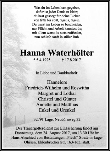 Anzeige  Hanna Waterhölter  Lippische Landes-Zeitung