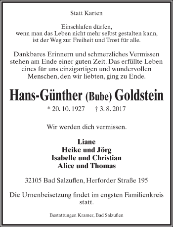 Anzeige  Hans-Günther  Goldstein  Lippische Landes-Zeitung