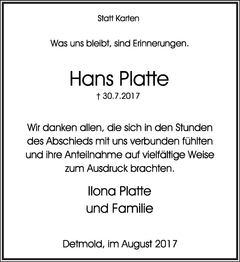  Traueranzeige für Hans Platte vom 26.08.2017 aus Lippische Landes-Zeitung