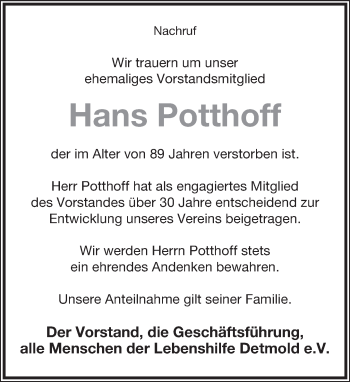 Anzeige  Hans Potthoff  Lippische Landes-Zeitung