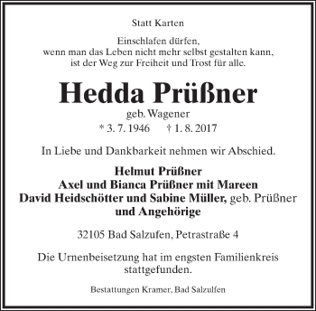 Anzeige  Hedda Prüßner  Lippische Landes-Zeitung