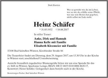 Anzeige  Heinz Schäfer  Lippische Landes-Zeitung