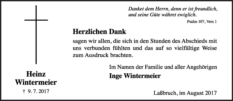 Traueranzeige für Heinz Wintermeier vom 26.08.2017 aus Lippische Landes-Zeitung