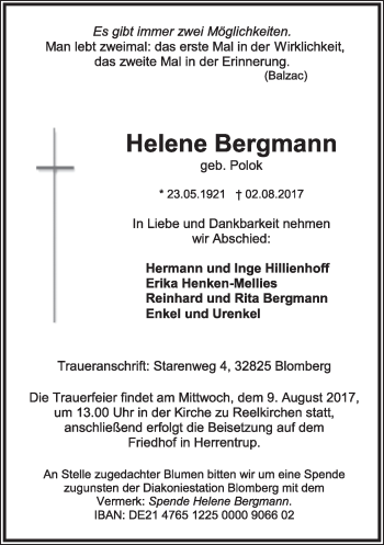 Anzeige  Helene Bergmann  Lippische Landes-Zeitung