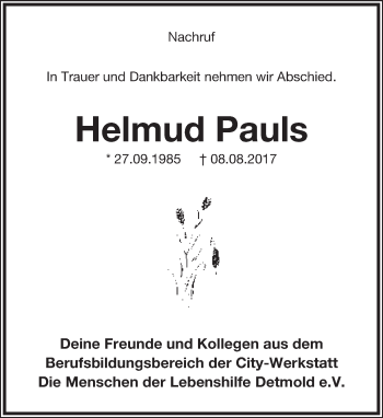 Anzeige  Helmud Pauls  Lippische Landes-Zeitung