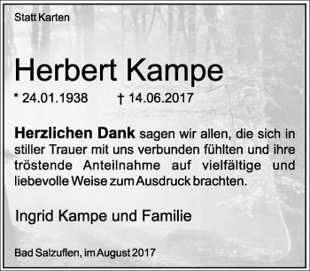 Anzeige  Herbert Kampe  Lippische Landes-Zeitung