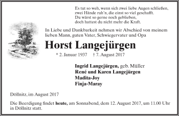 Anzeige  Horst Langejürgen  Lippische Landes-Zeitung