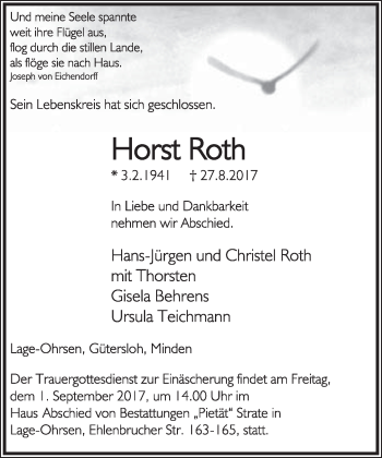 Anzeige  Horst Roth  Lippische Landes-Zeitung