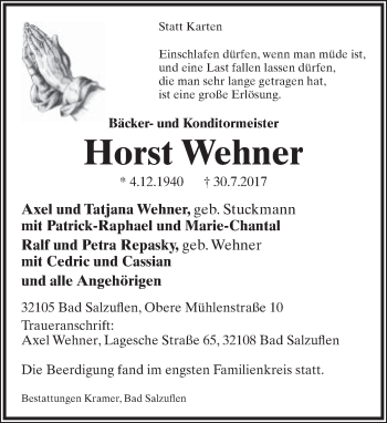 Anzeige  Horst Wehner  Lippische Landes-Zeitung