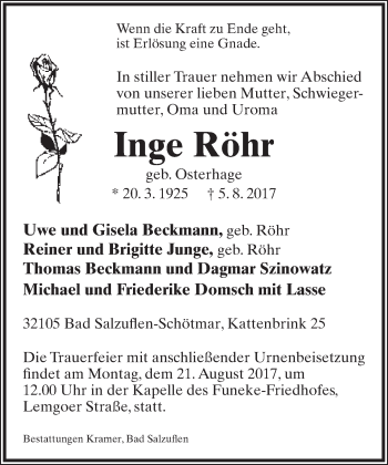 Anzeige  Inge RÃ¶hr  Lippische Landes-Zeitung