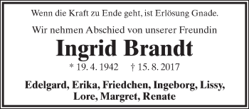 Anzeige  Ingrid Brandt  Lippische Landes-Zeitung